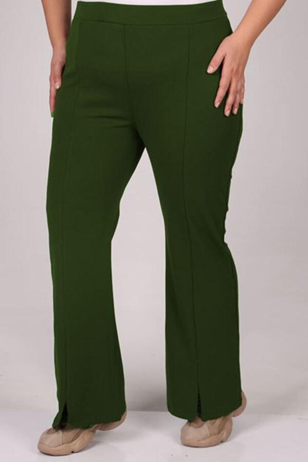 29502 Plus Size Flare Leg Slit Front Trousers-Khaki - 1