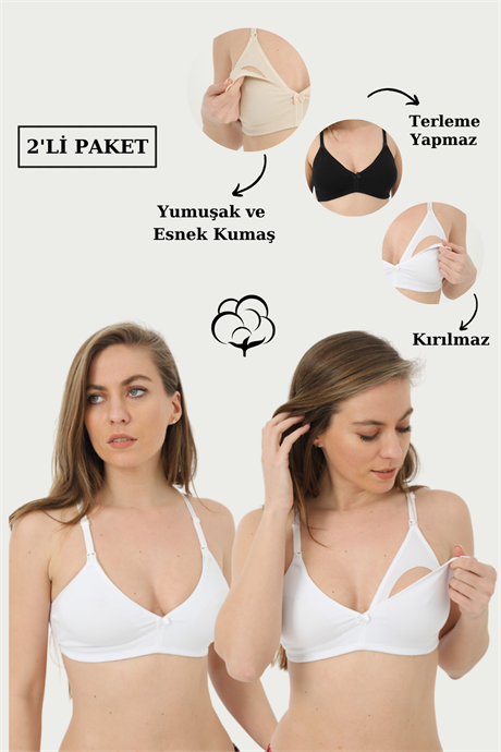 2'li Paket Beyaz Emzirme Sütyeni Pamuklu Likralı - 1