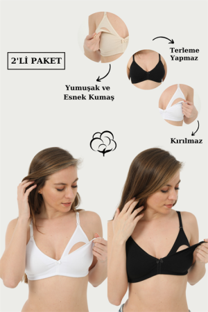 2'li Paket Beyaz - Siyah Emzirme Sütyeni Pamuklu Likralı - 1