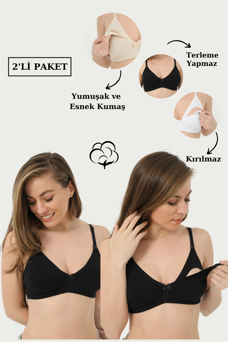 2'li Paket Siyah Emzirme Sütyeni Pamuklu Likralı - 1