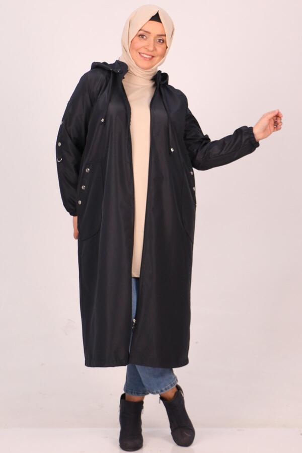 33067 Plus Size Sleeve Detailed Bondit Trench Coat-Navy Blue - 1