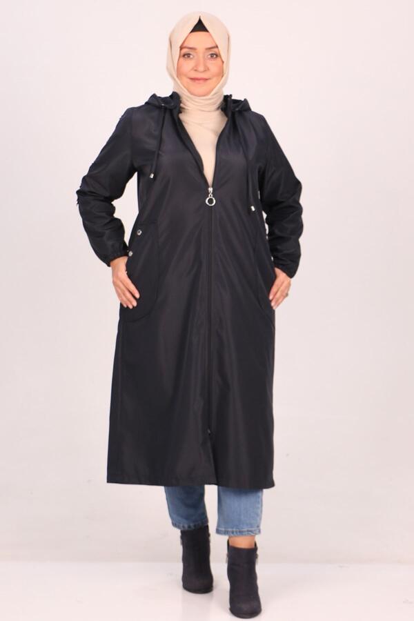 33067 Plus Size Sleeve Detailed Bondit Trench Coat-Navy Blue - 3