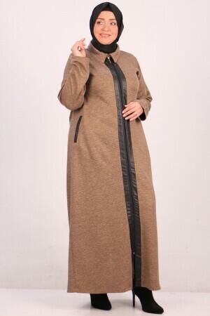 36012 Large Size Leather Detailed Honeycomb Knitwear Abaya-Mink - 2