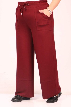 39038 Large Size Elastic Waist Crystal Two Thread Wide Leg Trousers - Burgundy - 1