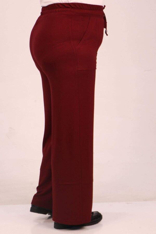 39038 Large Size Elastic Waist Crystal Two Thread Wide Leg Trousers - Burgundy - 2