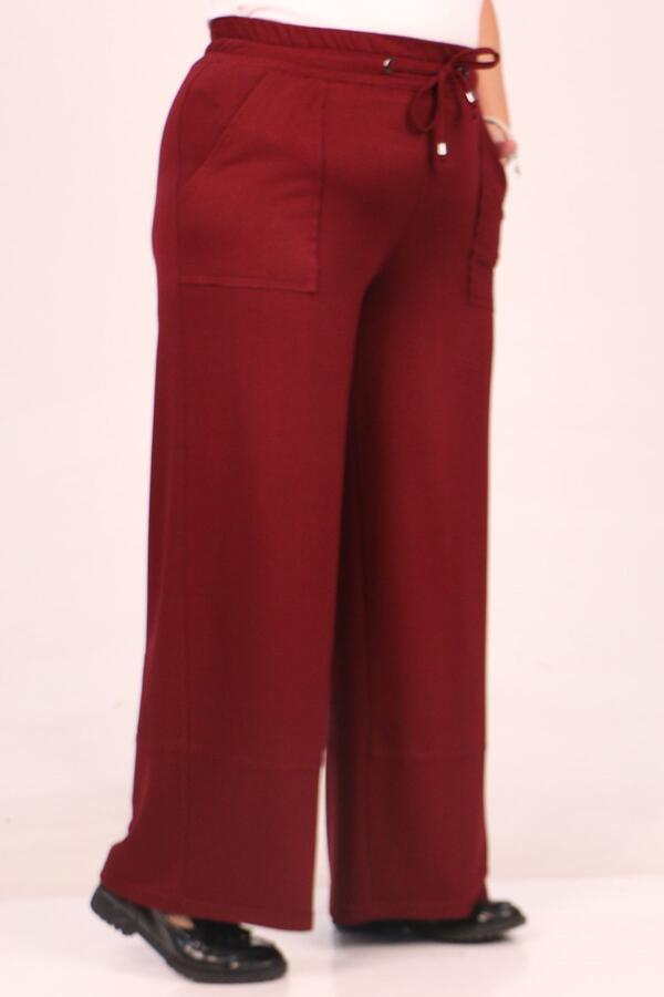 39038 Large Size Elastic Waist Crystal Two Thread Wide Leg Trousers - Burgundy - 3