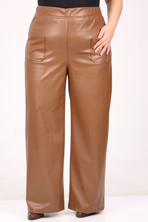 39050 Large Size Wide Leg Leather Trousers-Brown - 1