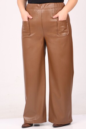 39050 Large Size Wide Leg Leather Trousers-Brown - 2