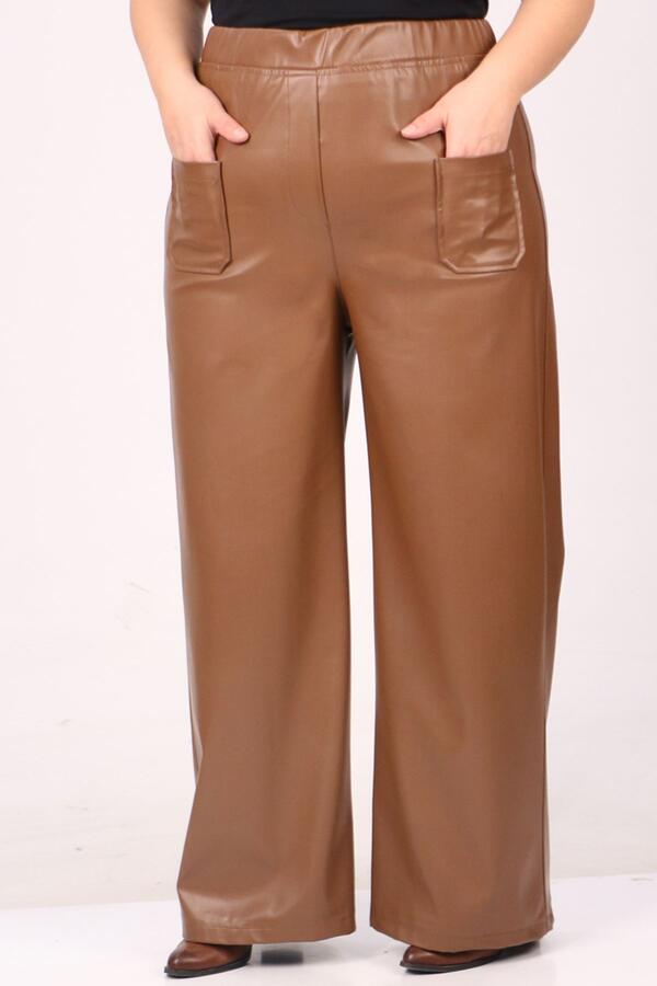 39050 Large Size Wide Leg Leather Trousers-Brown - 2