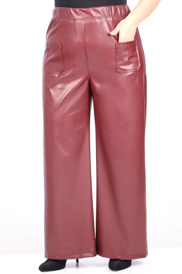 39050 Large Size Wide Leg Leather Trousers-Claret Red - 2