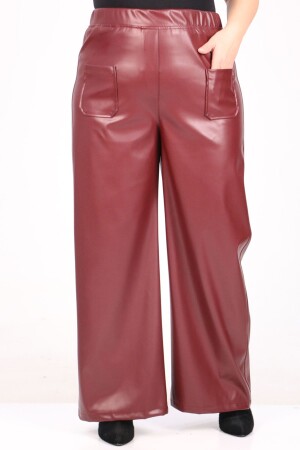 39050 Large Size Wide Leg Leather Trousers-Claret Red - 1