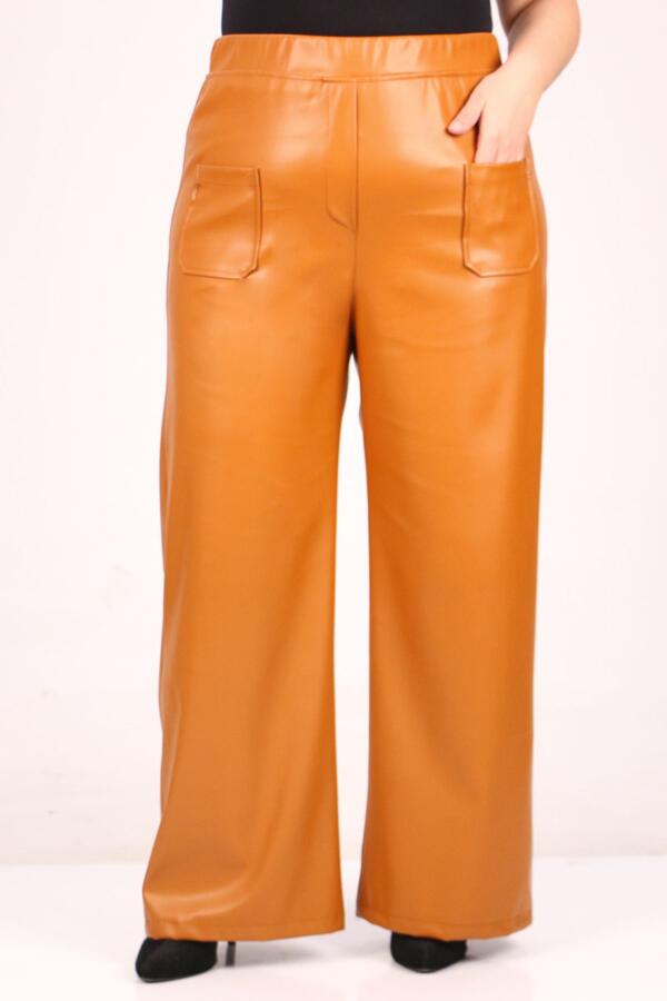 39050 Large Size Wide Leg Leather Trousers-Mustard - 1