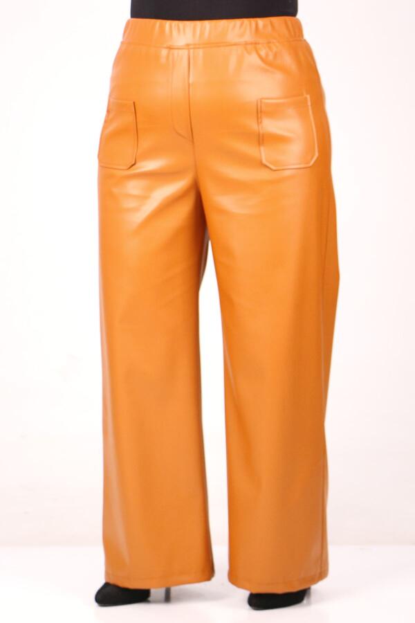 39050 Large Size Wide Leg Leather Trousers-Mustard - 2