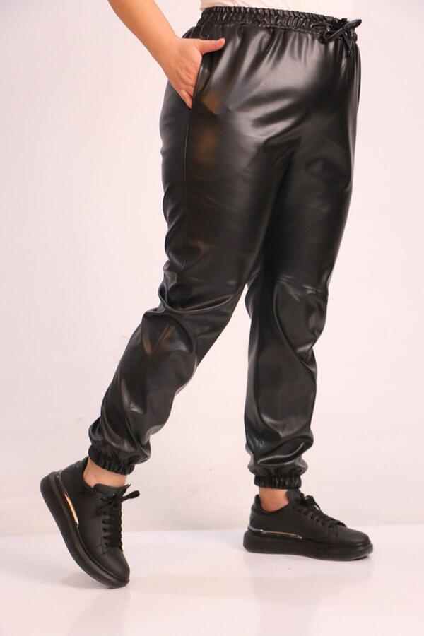 39051 Large Size Leather Trousers with Elastic Legs-Black - 1