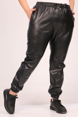 39051 Large Size Leather Trousers with Elastic Legs-Black - 2