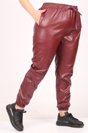 39051 Large Size Leather Trousers with Elastic Legs-Claret Red - 1