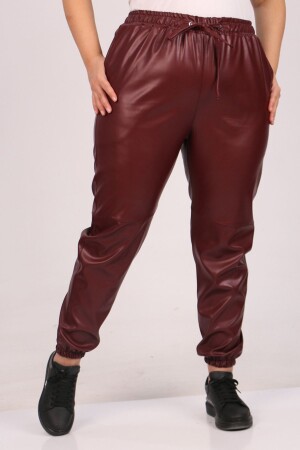 39051 Large Size Leather Trousers with Elastic Legs-Claret Red - 2