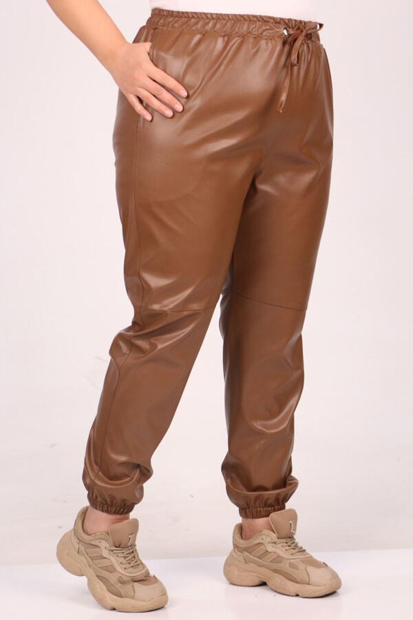 39051 Large Size Leather Trousers with Elastic Legs-Chocolate - 1