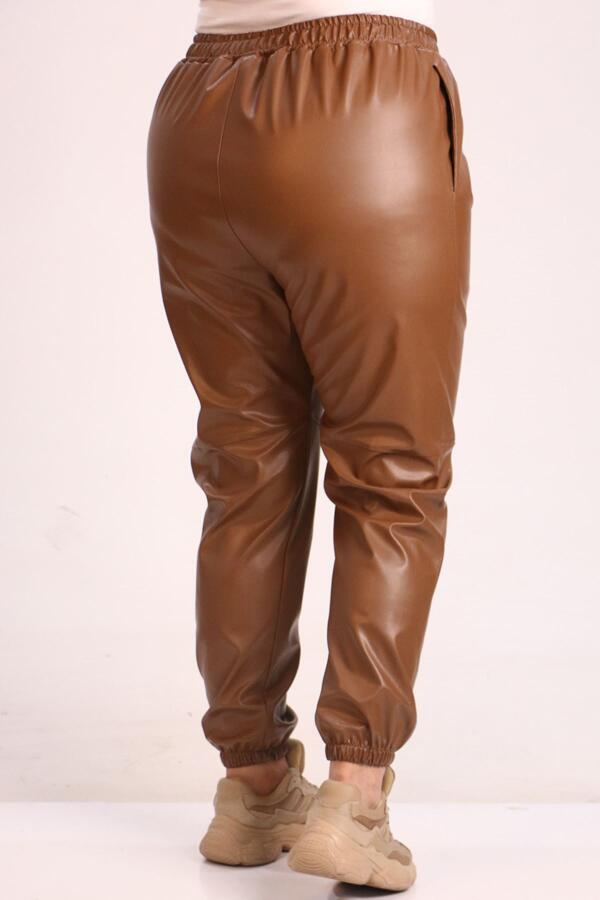 39051 Large Size Leather Trousers with Elastic Legs-Chocolate - 2