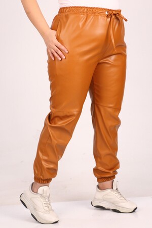 39051 Large Size Leather Trousers with Elastic Legs-Tan - 2