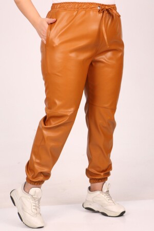 39051 Large Size Leather Trousers with Elastic Legs-Tan - 1