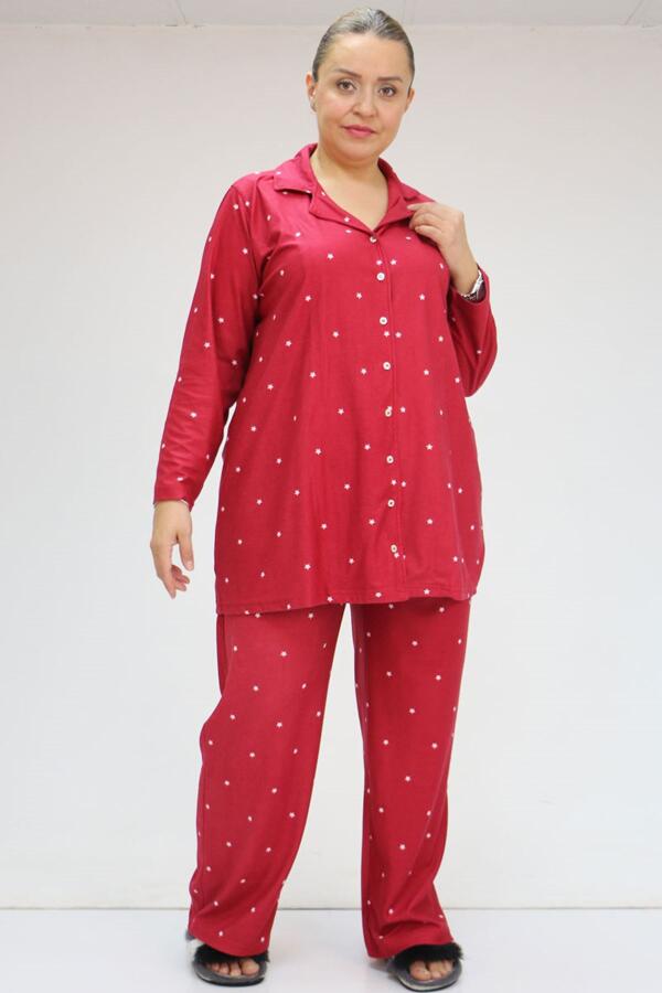 47811 Büyük Beden Önden Düğmeli Micro Süet Pijama Takım - Bordo - 1