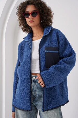 55446 Fermuarlı Oversize Peluş Ceket - Saks - 3