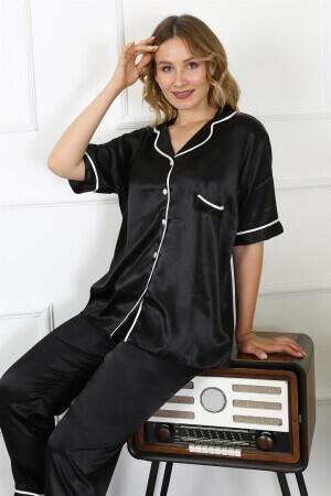 Angelino Underwear Women's Large Size Black Satin Pajama Set 10303 - 3