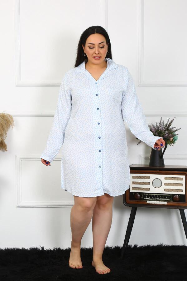 Angelino Underwear Women's Large Size Cotton Buttoned Long Sleeve Blue Tunic Nightgown 12202 - 1