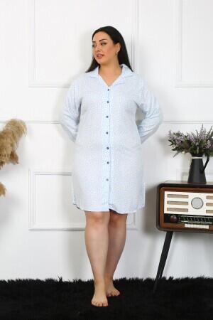 Angelino Underwear Women's Large Size Cotton Buttoned Long Sleeve Blue Tunic Nightgown 12202 - 5