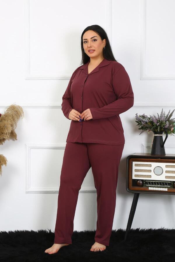 Angelino Underwear Women's Large Size Cotton Pocket Buttoned Plum Pajama Set 202401 - 3