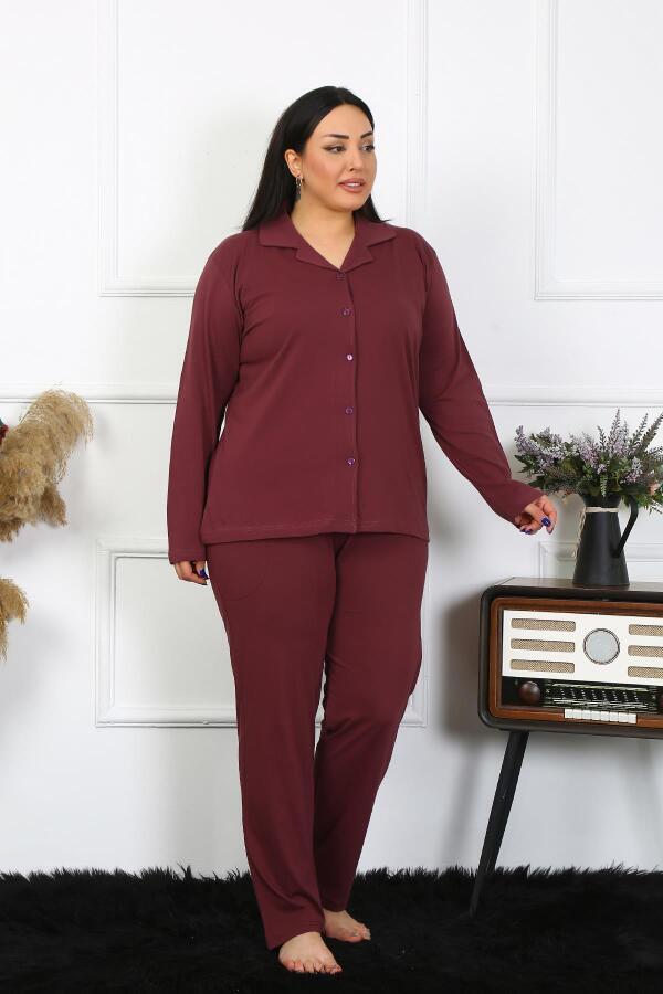 Angelino Underwear Women's Large Size Cotton Pocket Buttoned Plum Pajama Set 202401 - 5