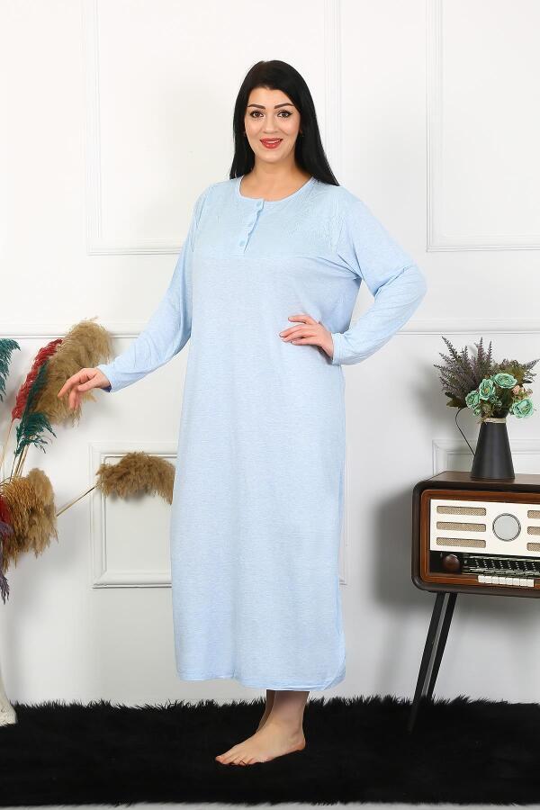 Angelino Underwear Women's Plus Size Long Sleeve Lace Blue Mother's Nightgown 1361 - 3