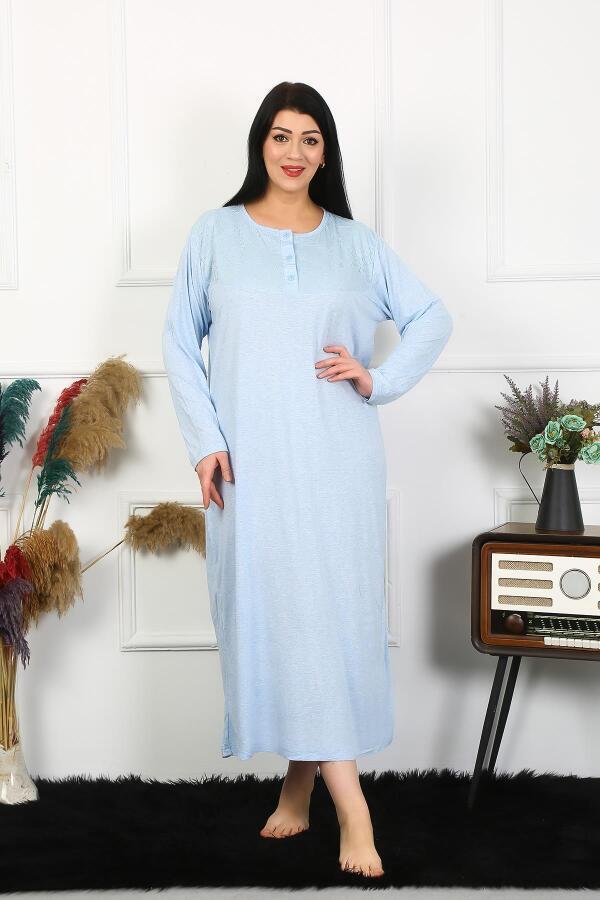 Angelino Underwear Women's Plus Size Long Sleeve Lace Blue Mother's Nightgown 1361 - 4