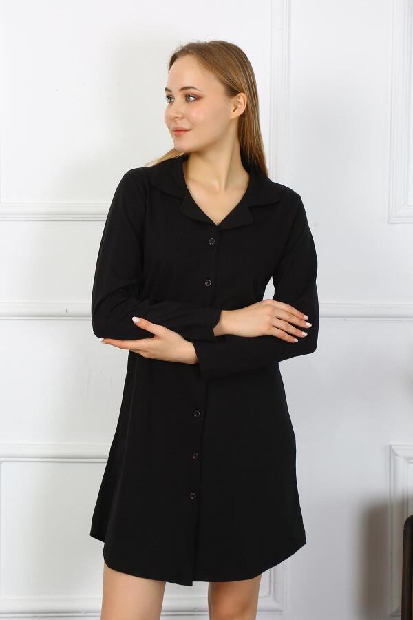 Angelino Underwear Women's Combed Cotton Long Sleeve Buttoned Black Tunic Nightgown 13103 - 1