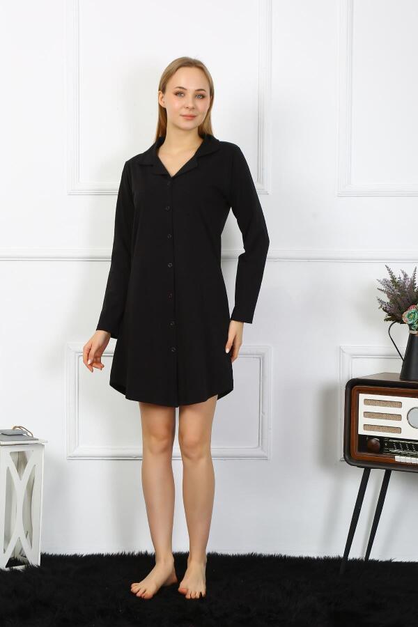 Angelino Underwear Women's Combed Cotton Long Sleeve Buttoned Black Tunic Nightgown 13103 - 2