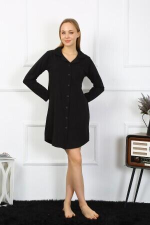 Angelino Underwear Women's Combed Cotton Long Sleeve Buttoned Black Tunic Nightgown 13103 - 4