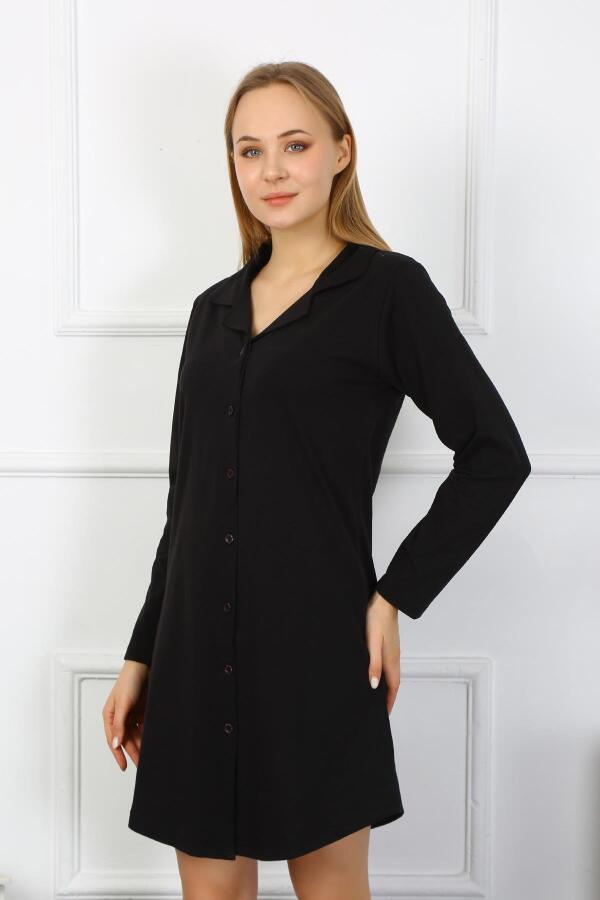 Angelino Underwear Women's Combed Cotton Long Sleeve Buttoned Black Tunic Nightgown 13103 - 5