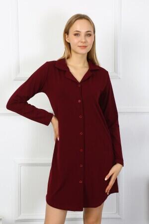 Angelino Underwear Women's Combed Cotton Long Sleeve Buttoned Burgundy Tunic Nightgown 13103 - 1