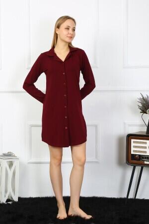 Angelino Underwear Women's Combed Cotton Long Sleeve Buttoned Burgundy Tunic Nightgown 13103 - 3