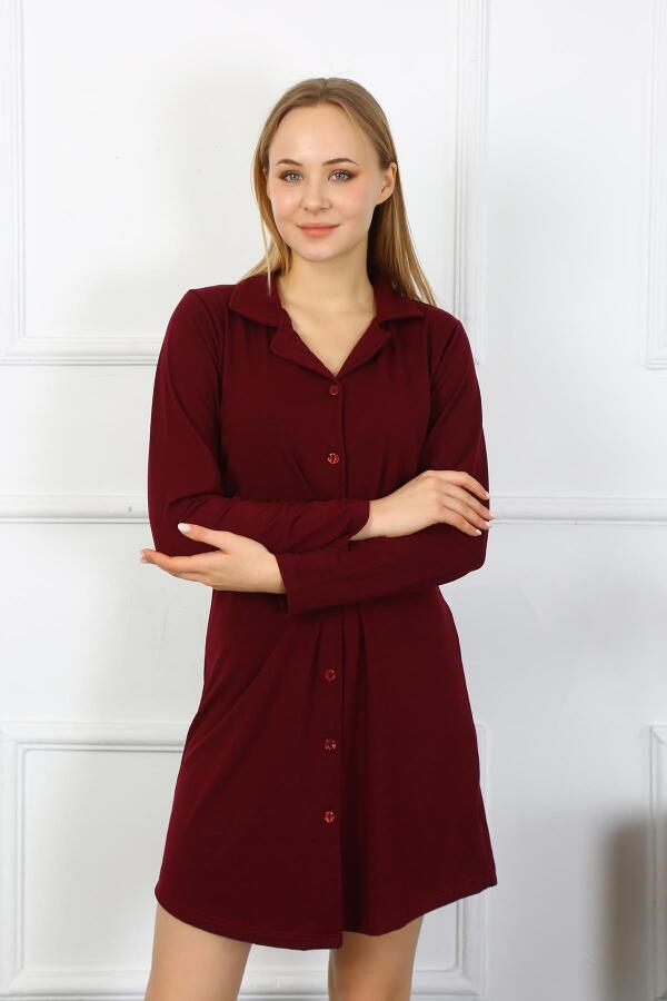 Angelino Underwear Women's Combed Cotton Long Sleeve Buttoned Burgundy Tunic Nightgown 13103 - 5