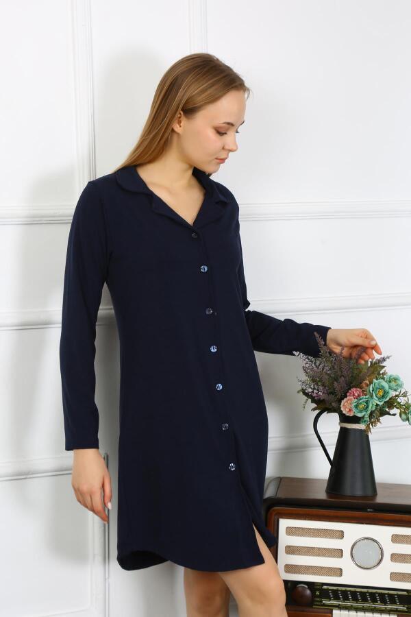 Angelino Underwear Women's Combed Cotton Long Sleeve Buttoned Navy Blue Tunic Nightgown 13103 - 1