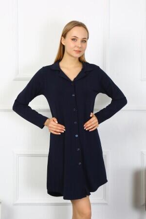 Angelino Underwear Women's Combed Cotton Long Sleeve Buttoned Navy Blue Tunic Nightgown 13103 - 3