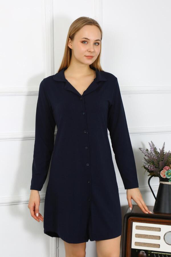 Angelino Underwear Women's Combed Cotton Long Sleeve Buttoned Navy Blue Tunic Nightgown 13103 - 5