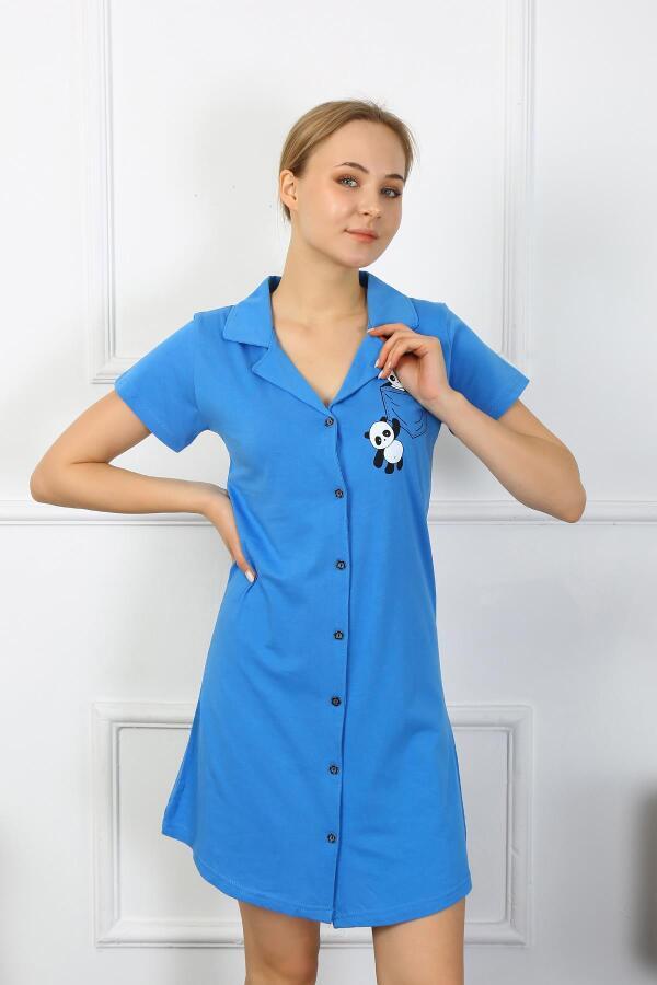 Angelino Underwear Women's Cotton Combed Short Sleeve Buttoned Blue 13109 - 1