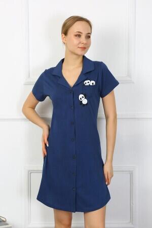 Angelino Underwear Women's Cotton Combed Short Sleeve Buttoned Navy Blue Tunic Nightgown 13109 - 1