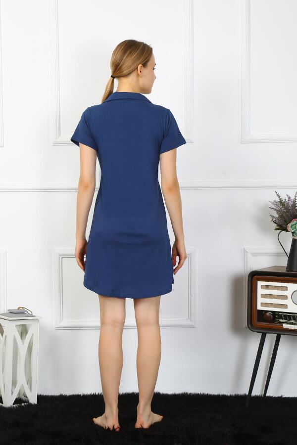 Angelino Underwear Women's Cotton Combed Short Sleeve Buttoned Navy Blue Tunic Nightgown 13109 - 4