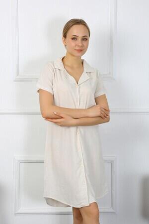 Angelino Underwear Women's Cotton Linen Short Sleeve Buttoned Cream Tunic Nightgown 13108 - 1