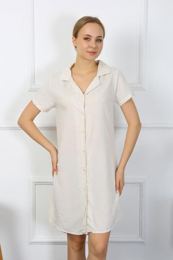 Angelino Underwear Women's Cotton Linen Short Sleeve Buttoned Cream Tunic Nightgown 13108 - 2