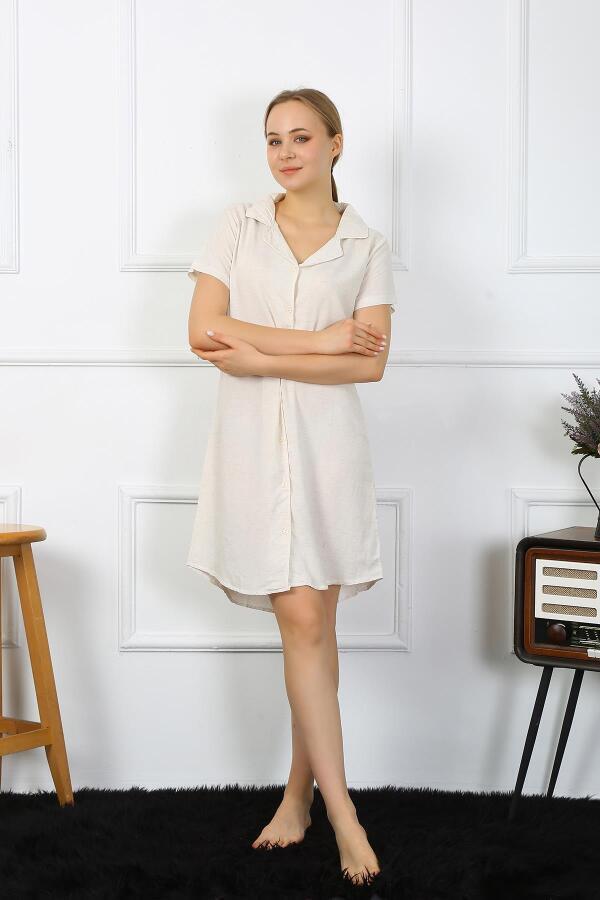 Angelino Underwear Women's Cotton Linen Short Sleeve Buttoned Cream Tunic Nightgown 13108 - 3